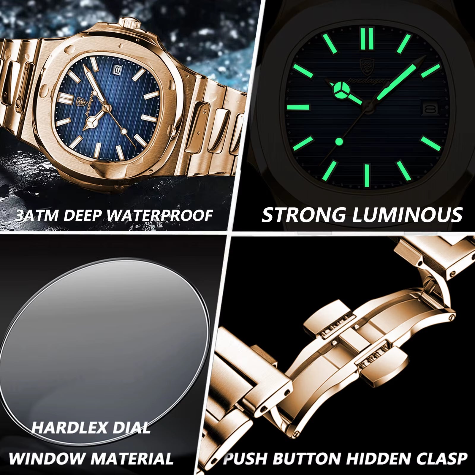 Man Wristwatch Business Luxury Square Men Quartz Watch Waterproof Luminous Date Stainless Steel Men'S Watches Clock+Box