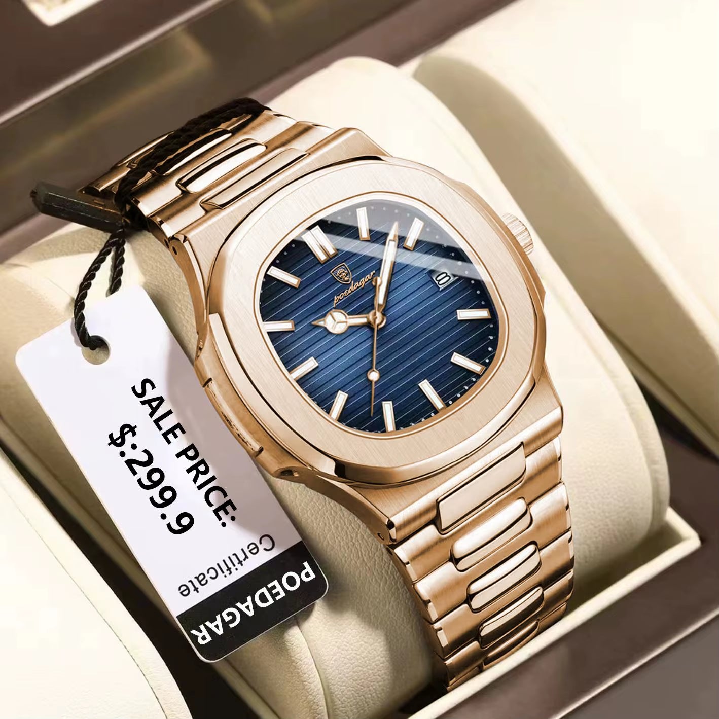 Man Wristwatch Business Luxury Square Men Quartz Watch Waterproof Luminous Date Stainless Steel Men'S Watches Clock+Box