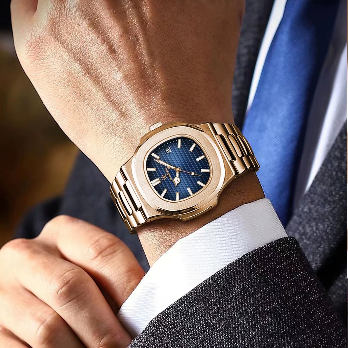 Man Wristwatch Business Luxury Square Men Quartz Watch Waterproof Luminous Date Stainless Steel Men'S Watches Clock+Box
