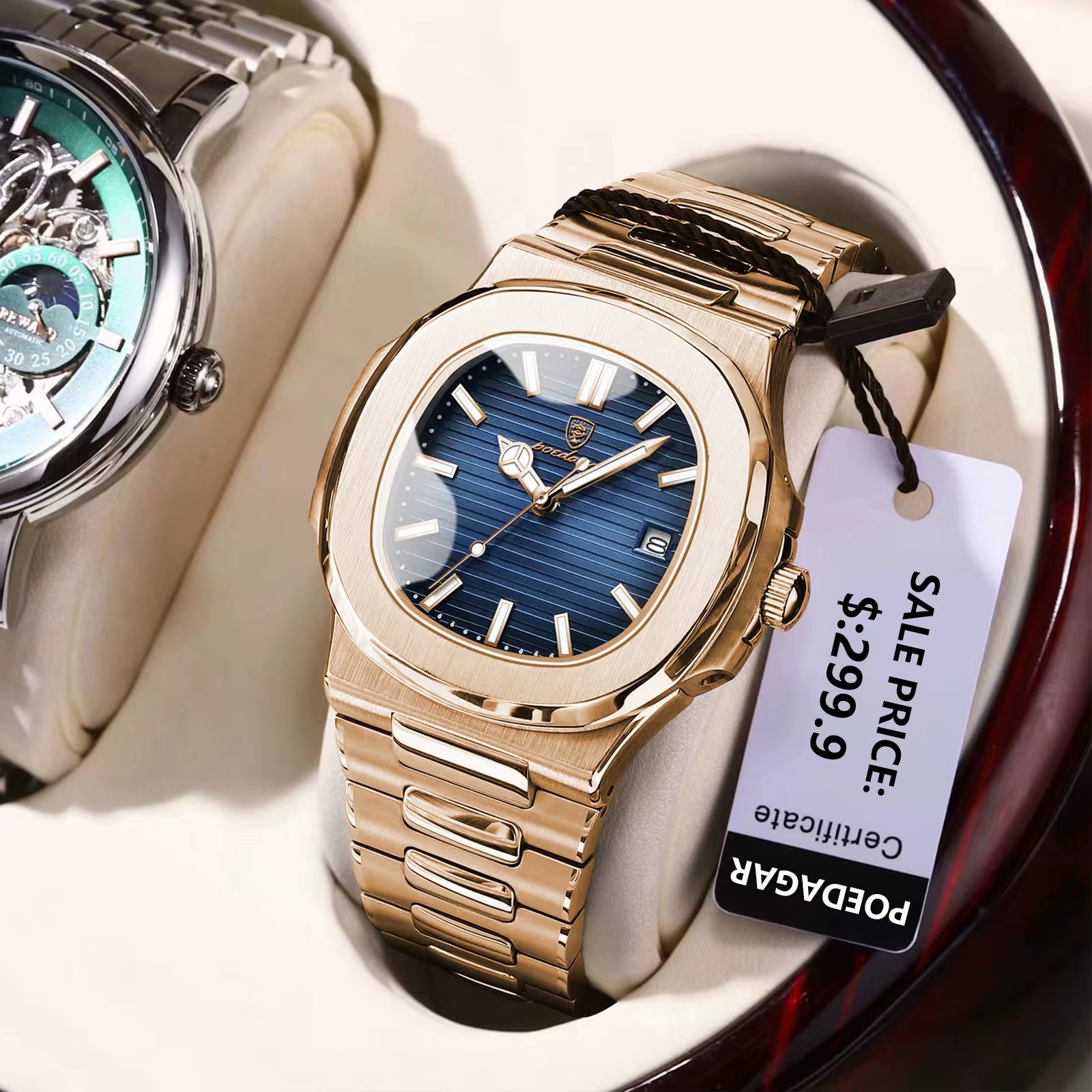 Man Wristwatch Business Luxury Square Men Quartz Watch Waterproof Luminous Date Stainless Steel Men'S Watches Clock+Box